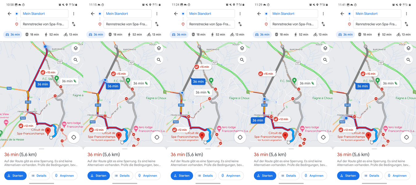 Screenshots of a map showing the very slow progress in the traffic jam.